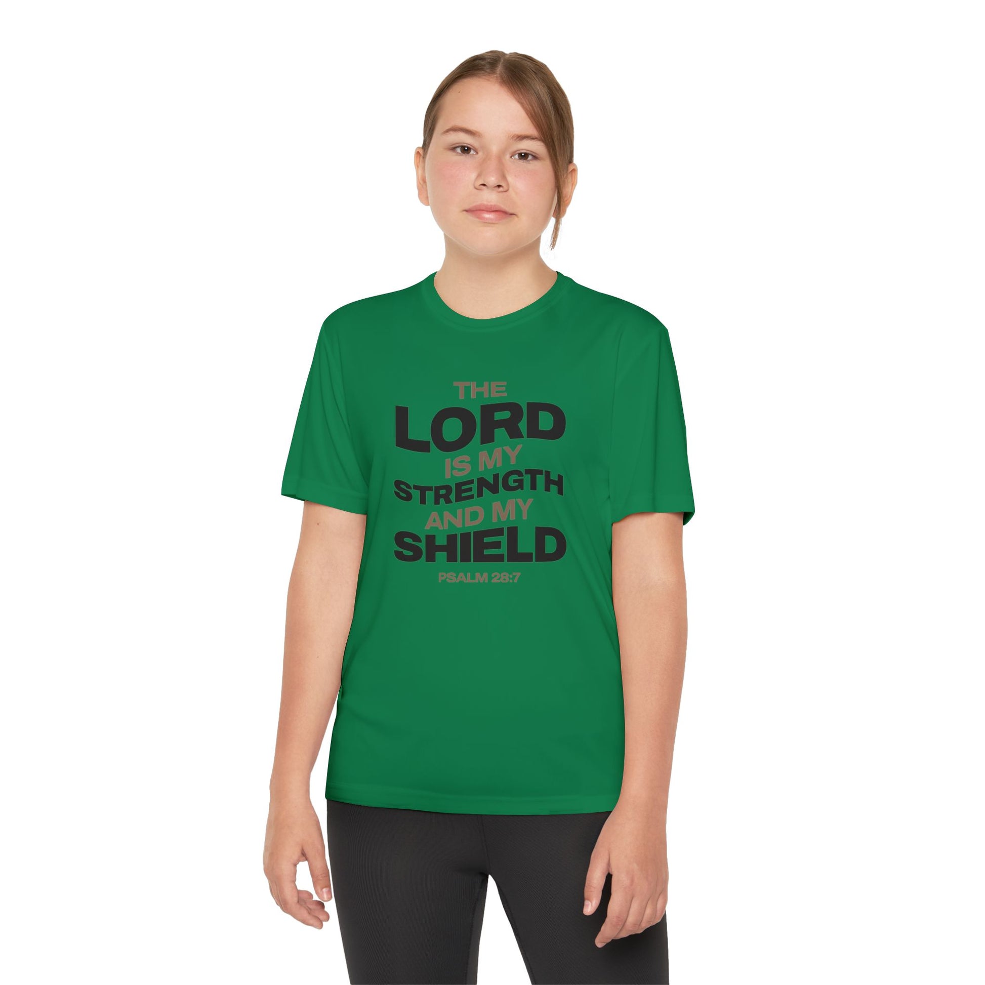 "The Lord Is My Strength and My Shield Psalm 28:7" Unisex Youth Competitor Tee - The Shield of Light