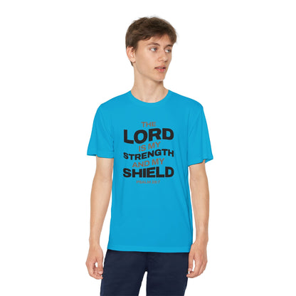 "The Lord Is My Strength and My Shield Psalm 28:7" Unisex Youth Competitor Tee - The Shield of Light