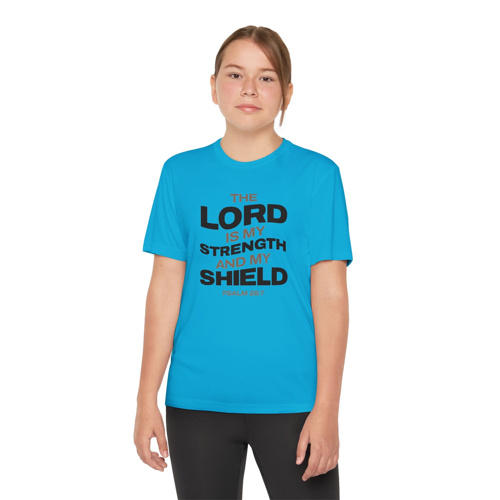 "The Lord Is My Strength and My Shield Psalm 28:7" Unisex Youth Competitor Tee - The Shield of Light