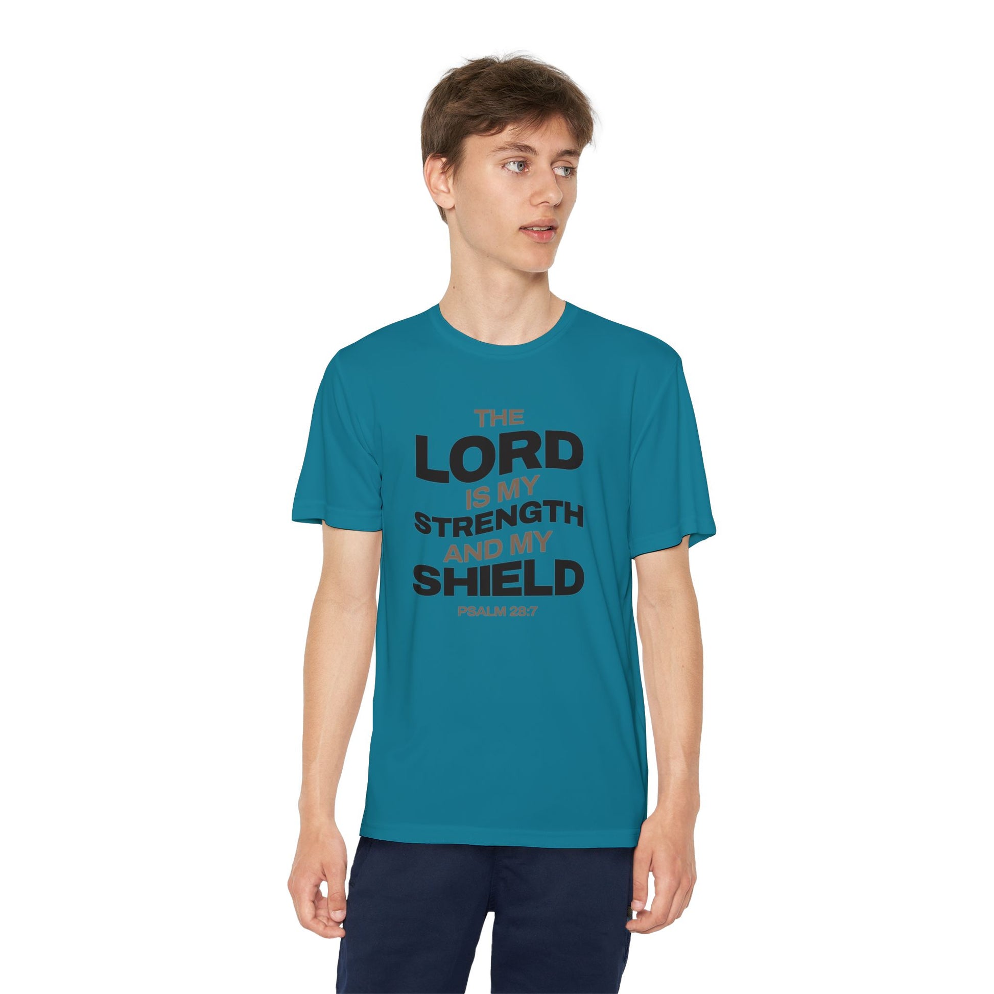 "The Lord Is My Strength and My Shield Psalm 28:7" Unisex Youth Competitor Tee - The Shield of Light