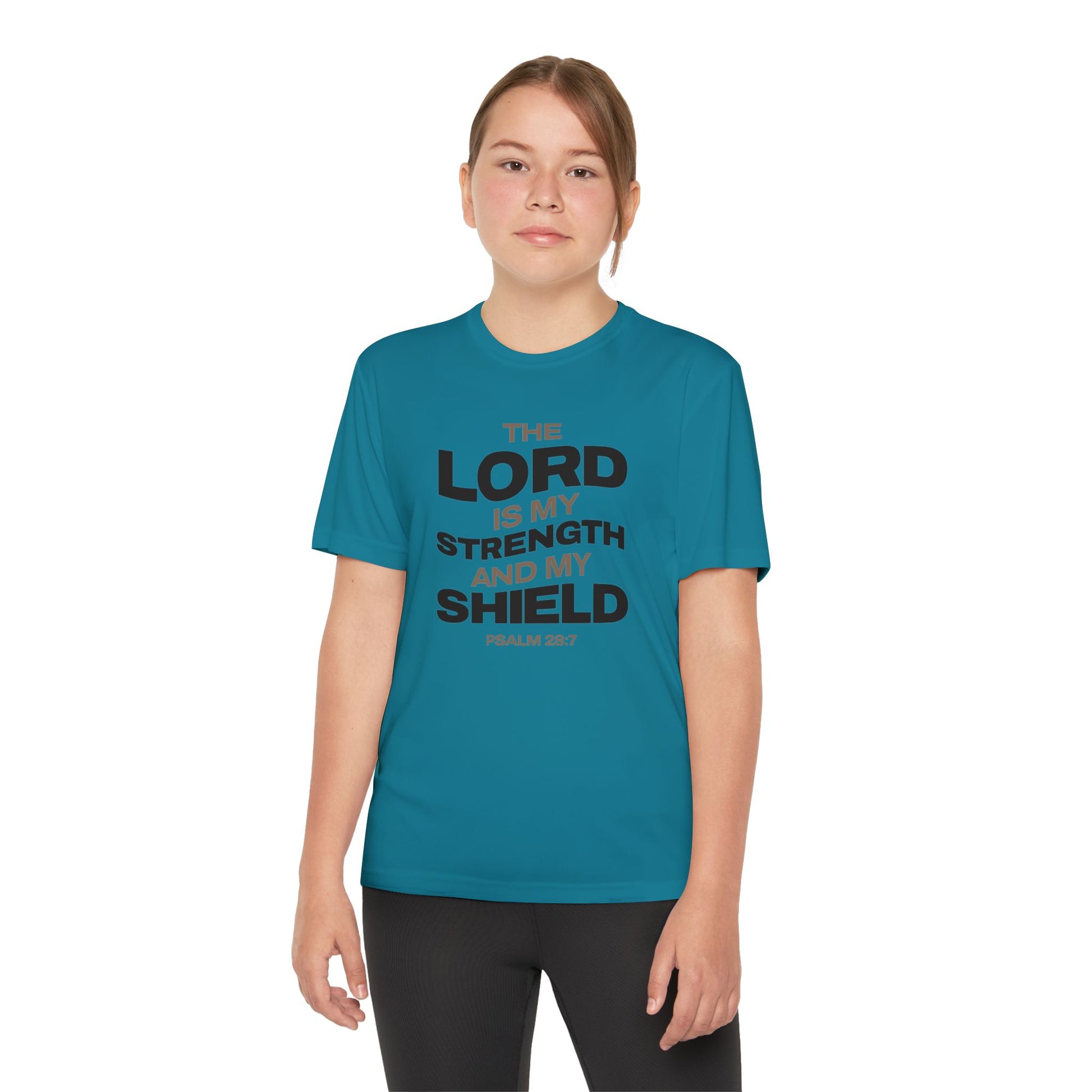 "The Lord Is My Strength and My Shield Psalm 28:7" Unisex Youth Competitor Tee - The Shield of Light