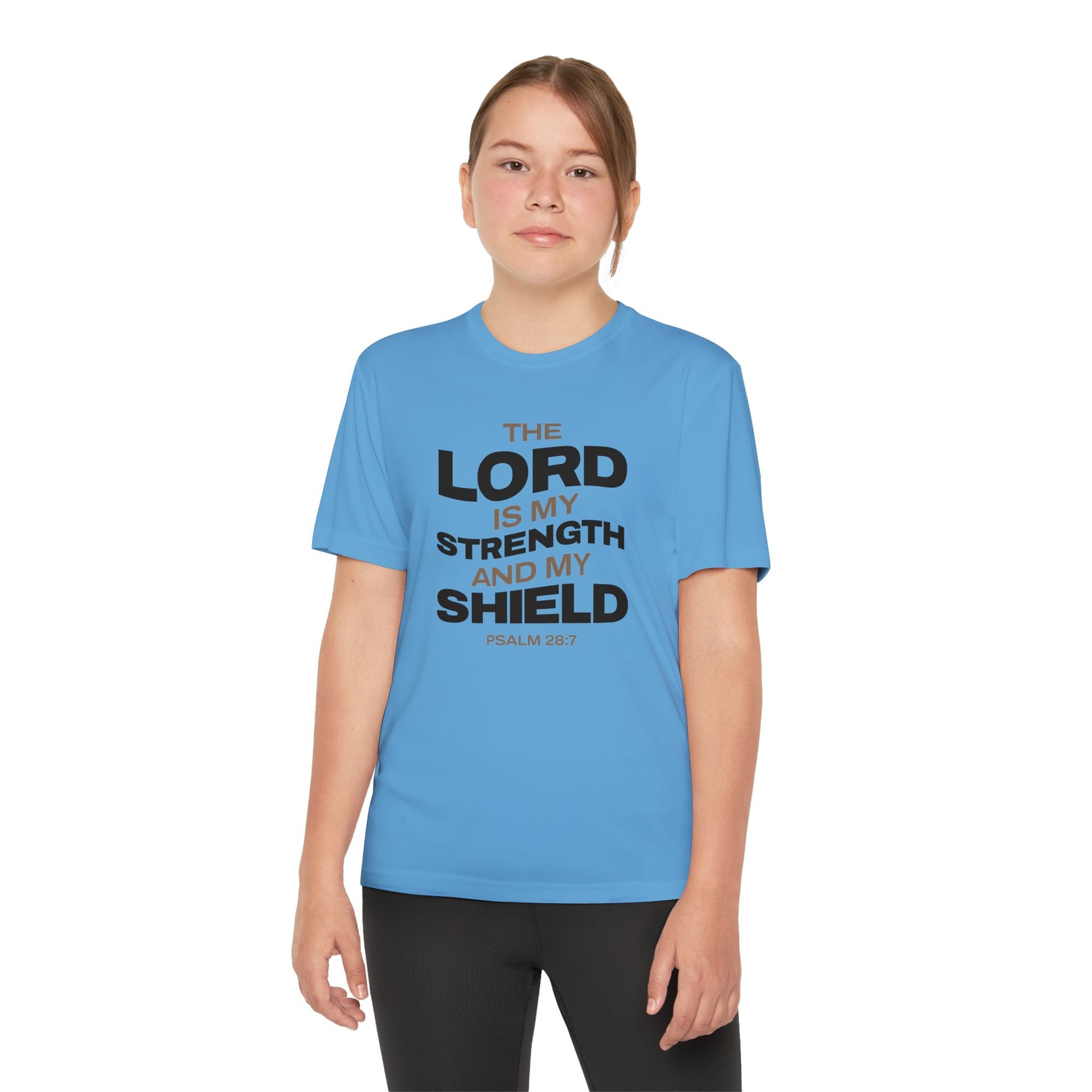 "The Lord Is My Strength and My Shield Psalm 28:7" Unisex Youth Competitor Tee - The Shield of Light