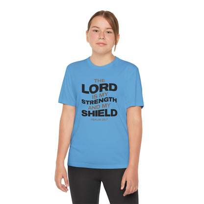 "The Lord Is My Strength and My Shield Psalm 28:7" Unisex Youth Competitor Tee - The Shield of Light