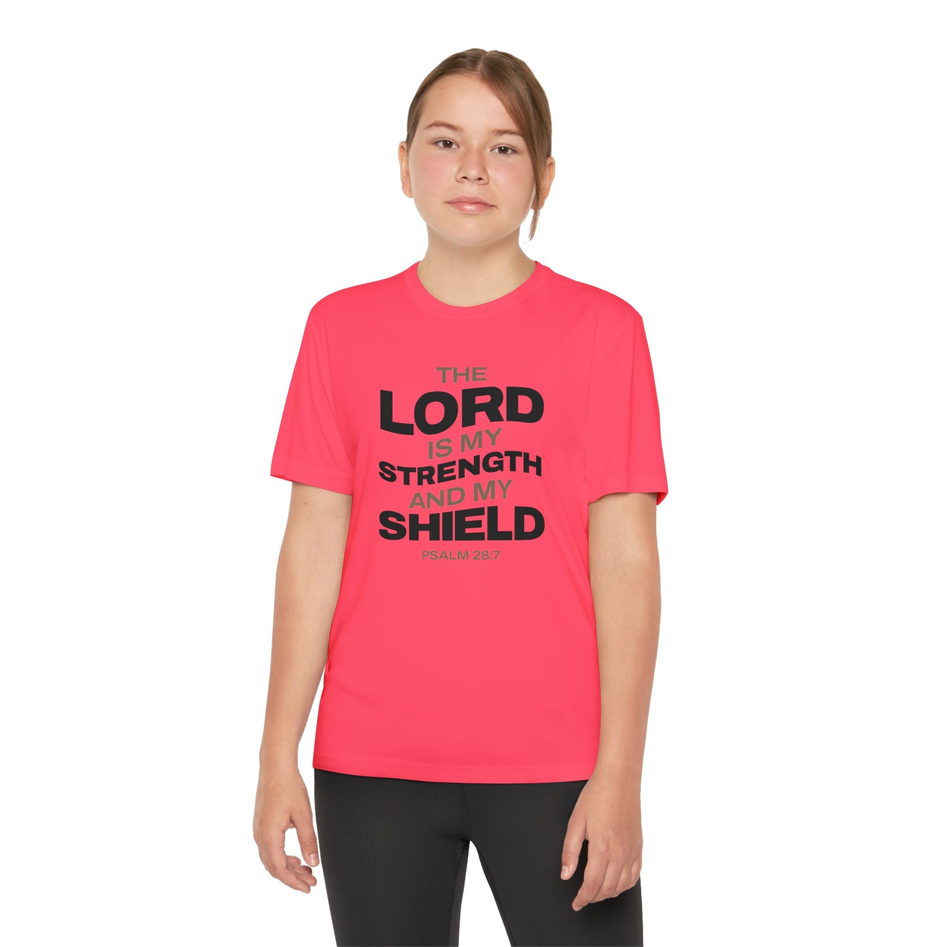 "The Lord Is My Strength and My Shield Psalm 28:7" Unisex Youth Competitor Tee - The Shield of Light