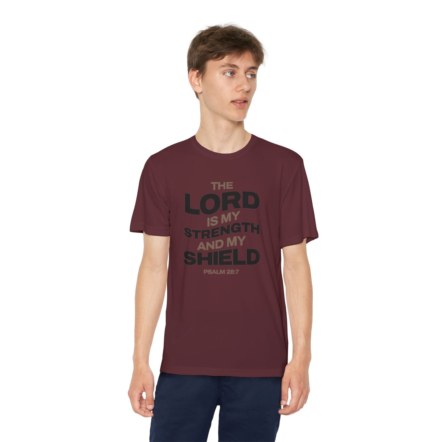 "The Lord Is My Strength and My Shield Psalm 28:7" Unisex Youth Competitor Tee - The Shield of Light