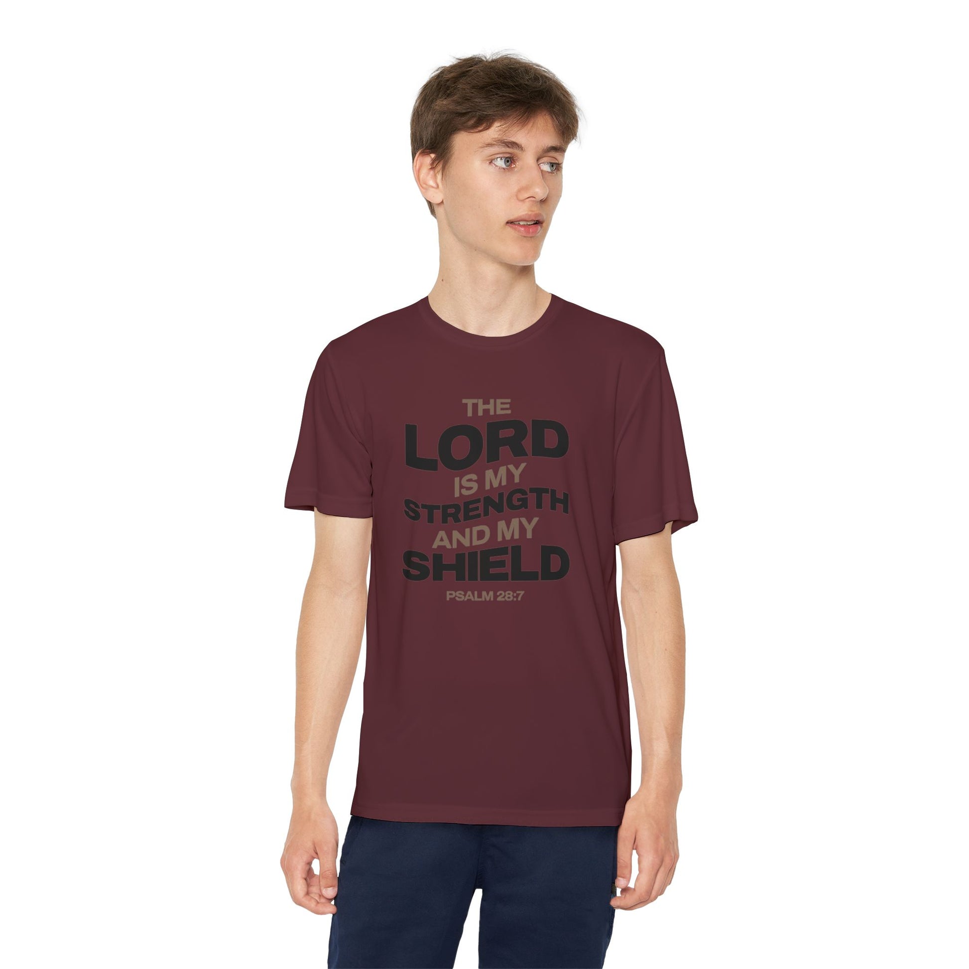 "The Lord Is My Strength and My Shield Psalm 28:7" Unisex Youth Competitor Tee - The Shield of Light