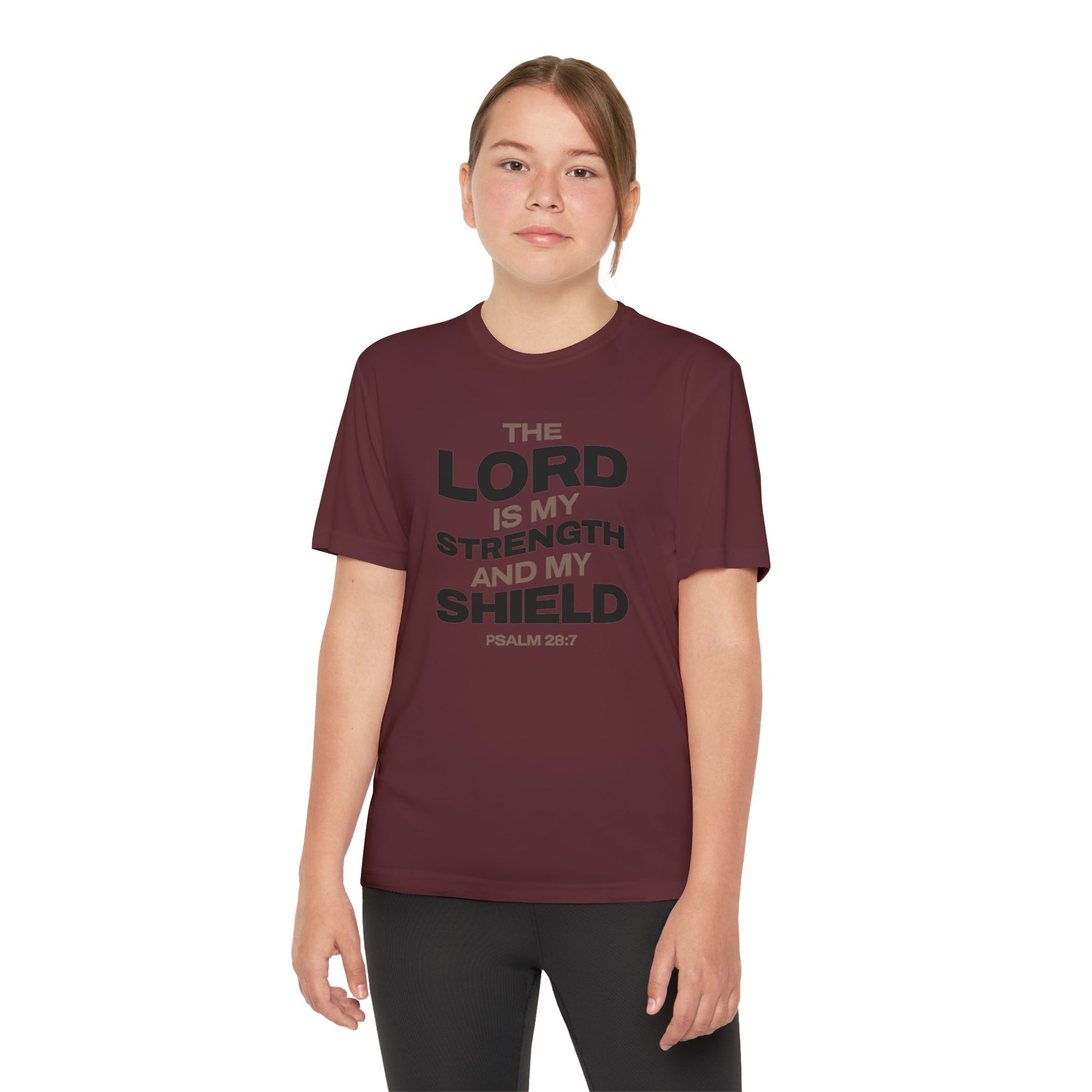 "The Lord Is My Strength and My Shield Psalm 28:7" Unisex Youth Competitor Tee - The Shield of Light