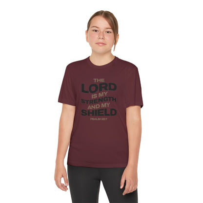 "The Lord Is My Strength and My Shield Psalm 28:7" Unisex Youth Competitor Tee - The Shield of Light