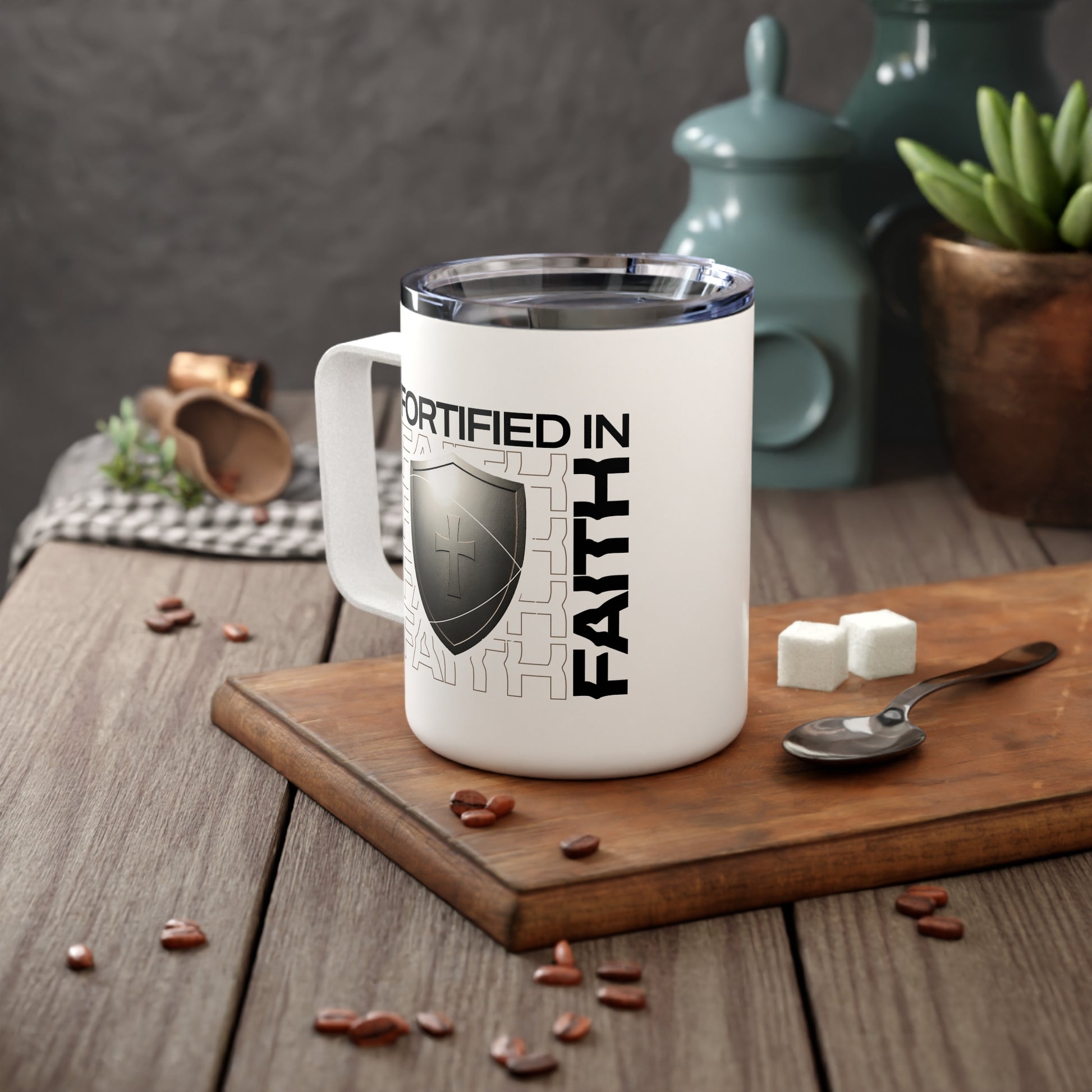 "Fortified In Faith " Unisex Insulated Coffee Mug, 10oz - The Shield of Light