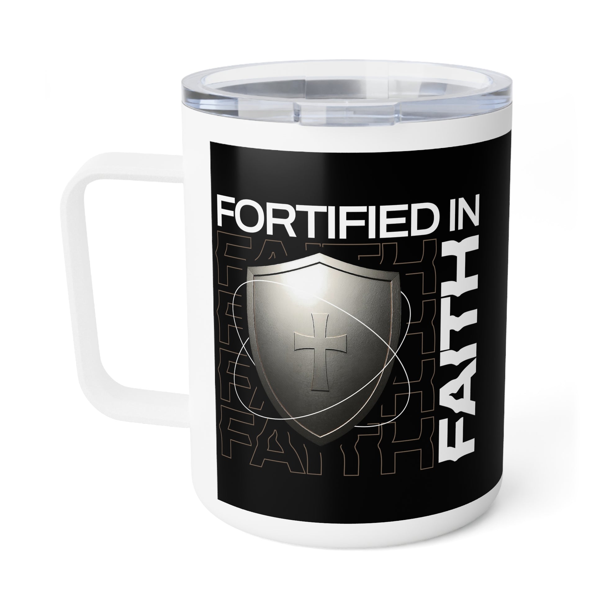 "Fortified In Faith " Unisex Insulated Coffee Mug, 10oz - The Shield of Light