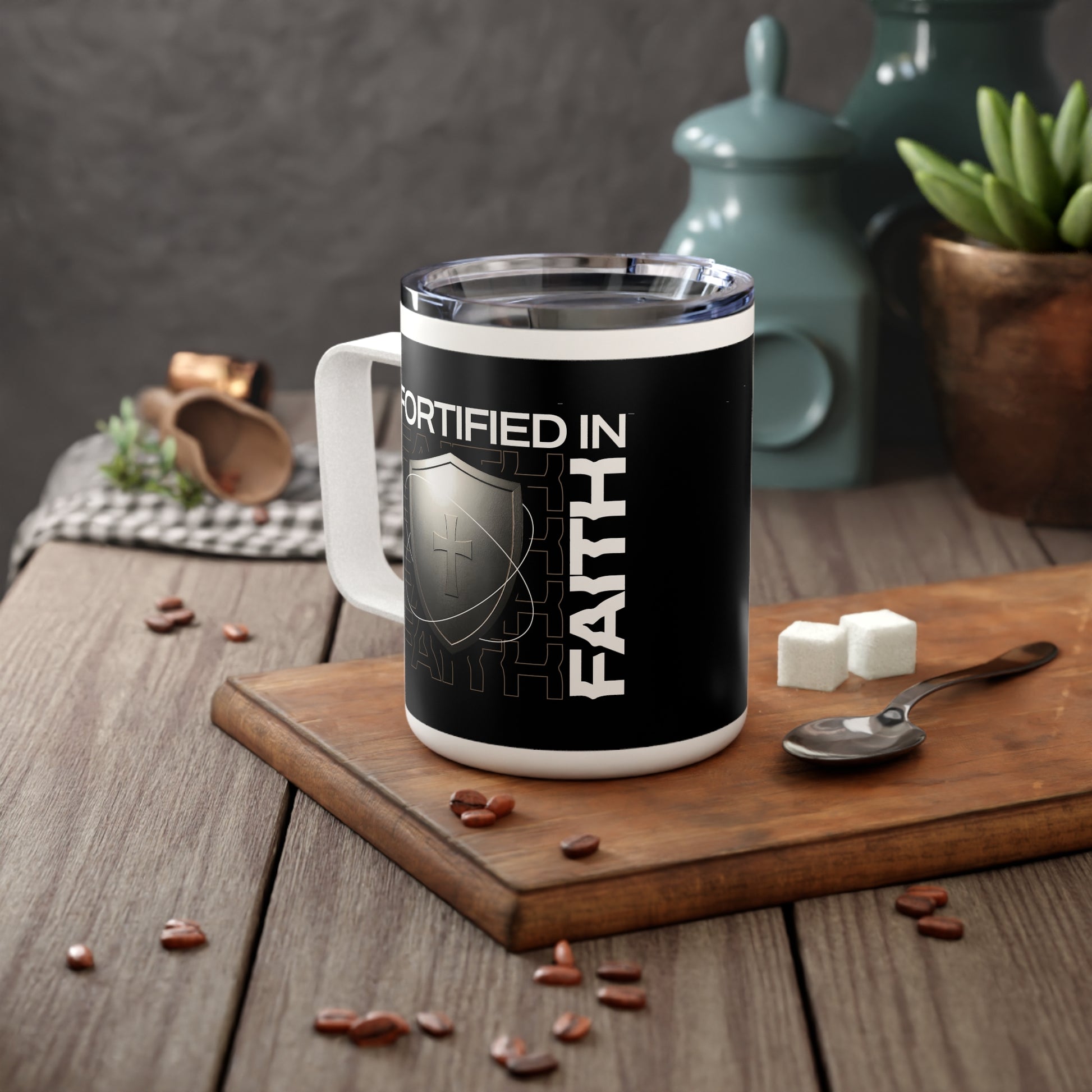 "Fortified In Faith " Unisex Insulated Coffee Mug, 10oz - The Shield of Light