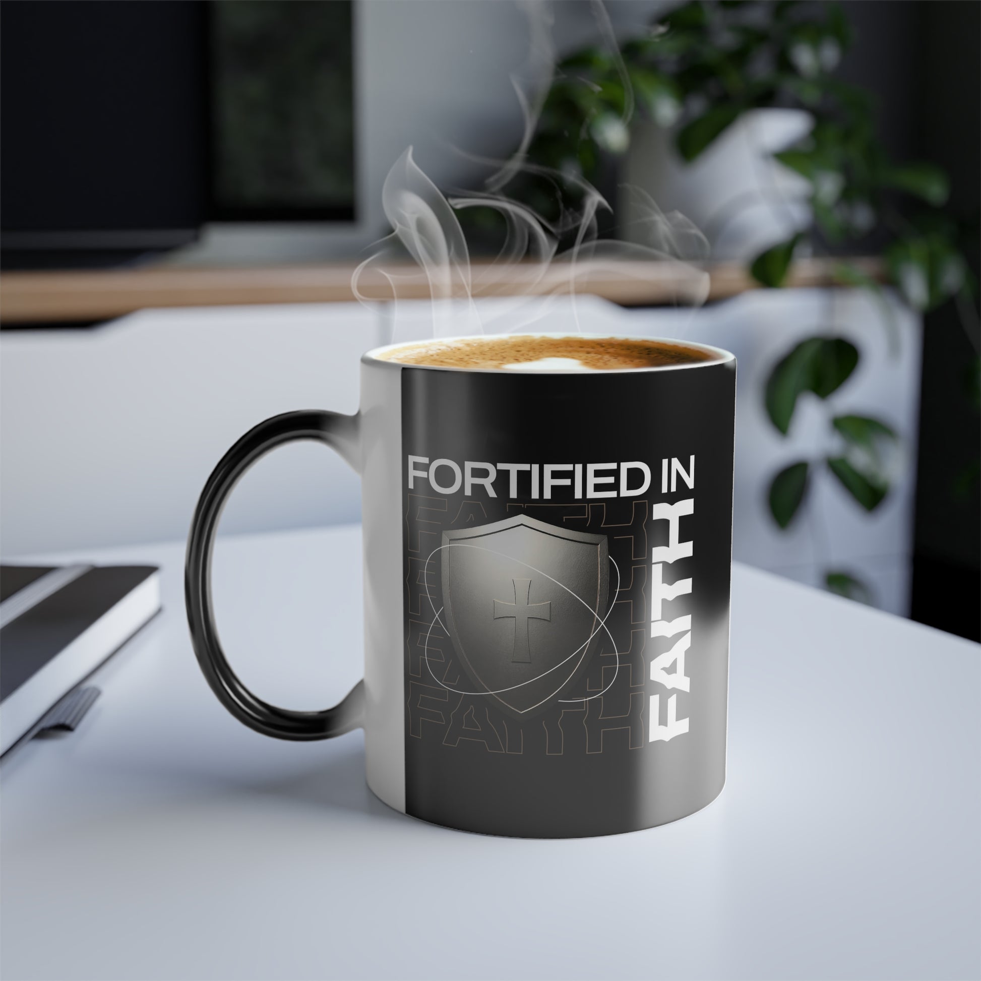 "Fortified In Faith " Unisex  11oz Coffee Color Morphing Mug - The Shield of Light