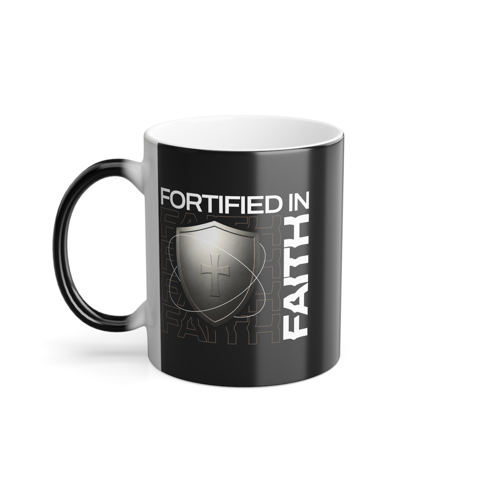 "Fortified In Faith " Unisex  11oz Coffee Color Morphing Mug - The Shield of Light