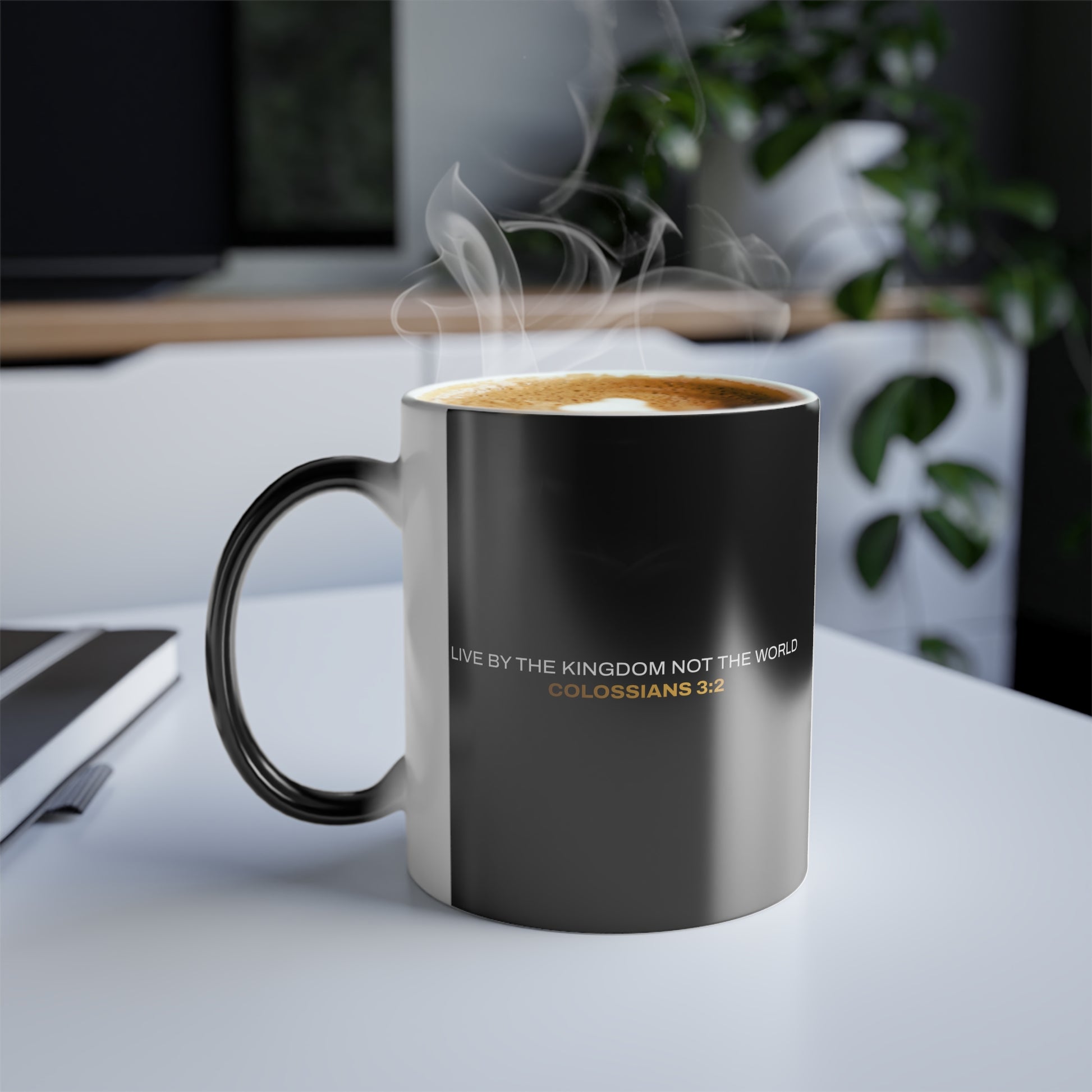 "Live By the Kingdom Not the World Colossians 3:2" Unisex  11oz Coffee Color Morphing Mug - The Shield of Light