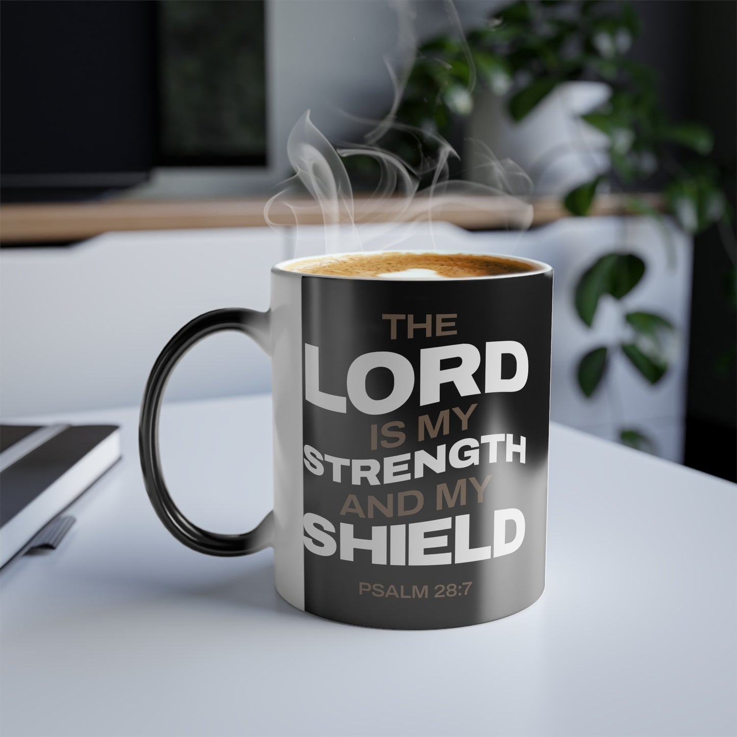 "The Lord Is My Strength and My Shield Psalm 28:7" Unisex  11oz Coffee Color Morphing Mug - The Shield of Light