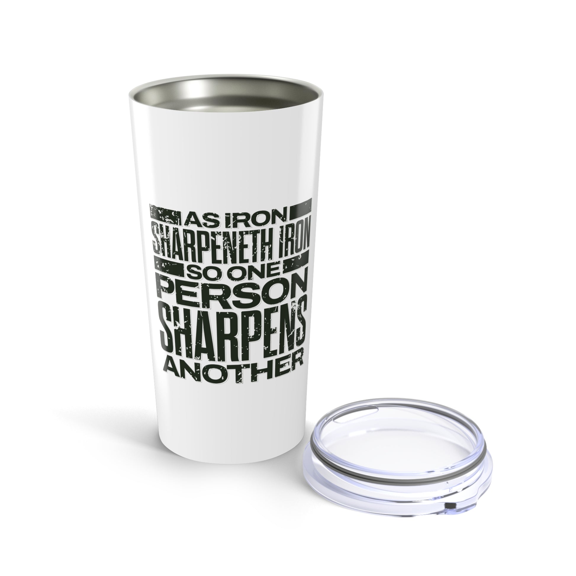 "As Iron Sharpeneth Iron So One Person Sharpens Another" Unisex Inspirational 20oz Tumbler Travel Cup - The Shield of Light