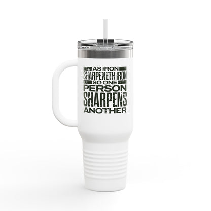 "As Iron Sharpeneth Iron So One Person Sharpens Another" Unisex Insulated Travel Mug, 40oz - The Shield of Light