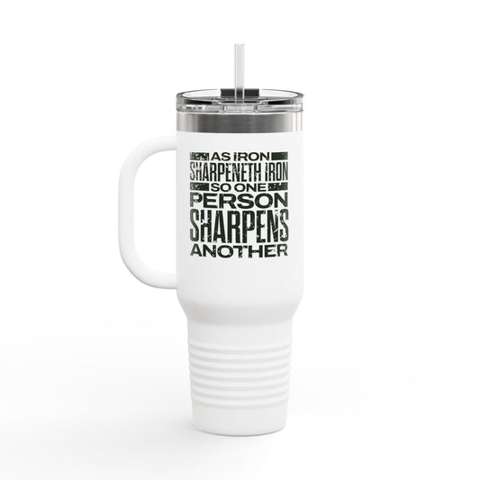 "As Iron Sharpeneth Iron So One Person Sharpens Another" Unisex Insulated Travel Mug, 40oz - The Shield of Light