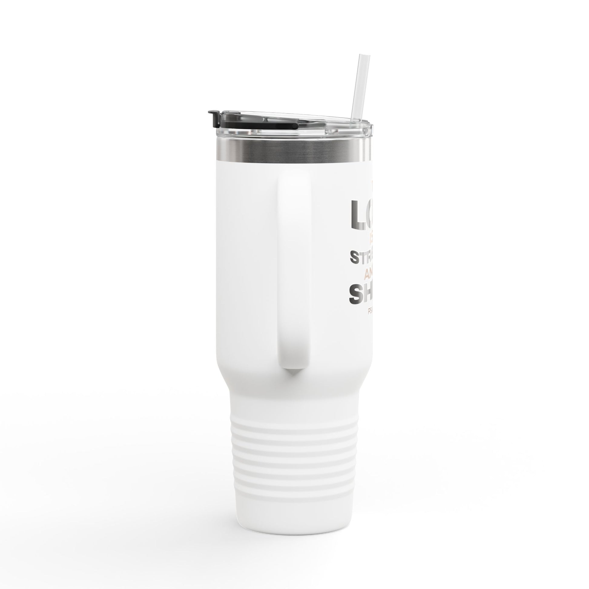 "The Lord Is My Strength and My Shield Psalm 28:7 " Unisex Insulated Travel Mug, 40oz - The Shield of Light
