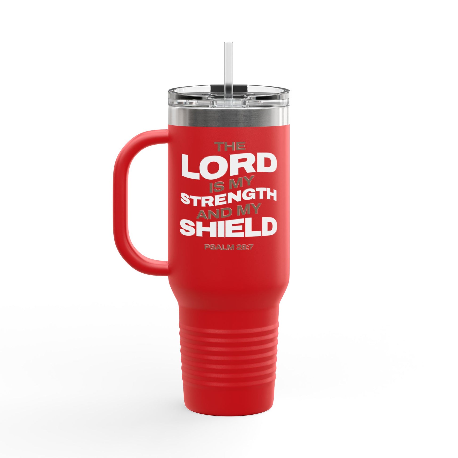 "The Lord Is My Strength and My Shield Psalm 28:7" Unisex Insulated Travel Mug, 40oz - The Shield of Light