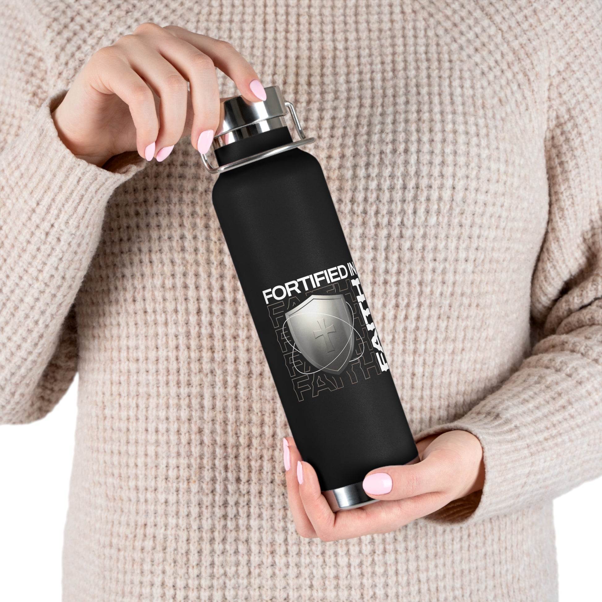 "Fortified In Faith " Unisex Inspirational Copper Vacuum Insulated Bottle - 22oz - The Shield of Light