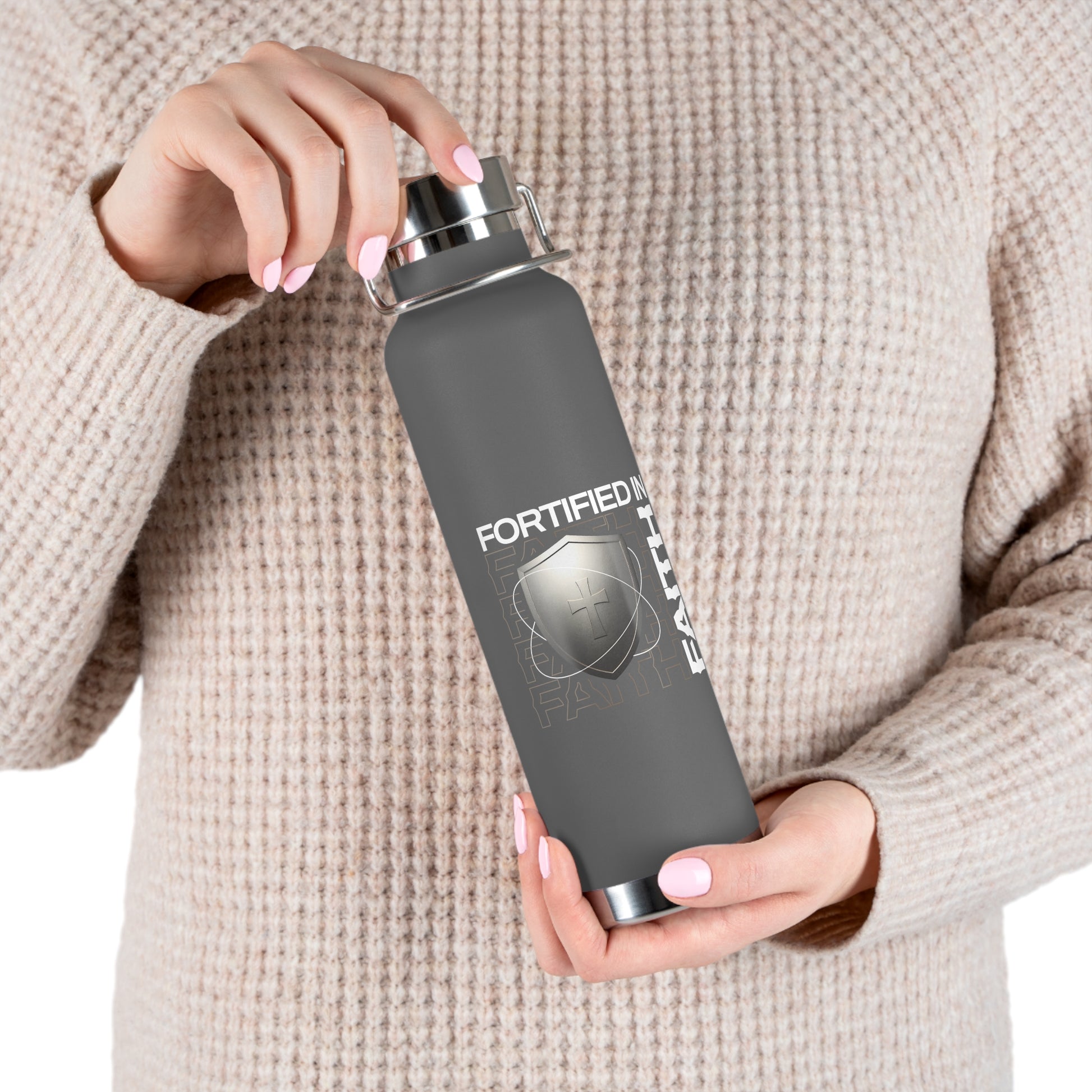 "Fortified In Faith " Unisex Inspirational Copper Vacuum Insulated Bottle - 22oz - The Shield of Light