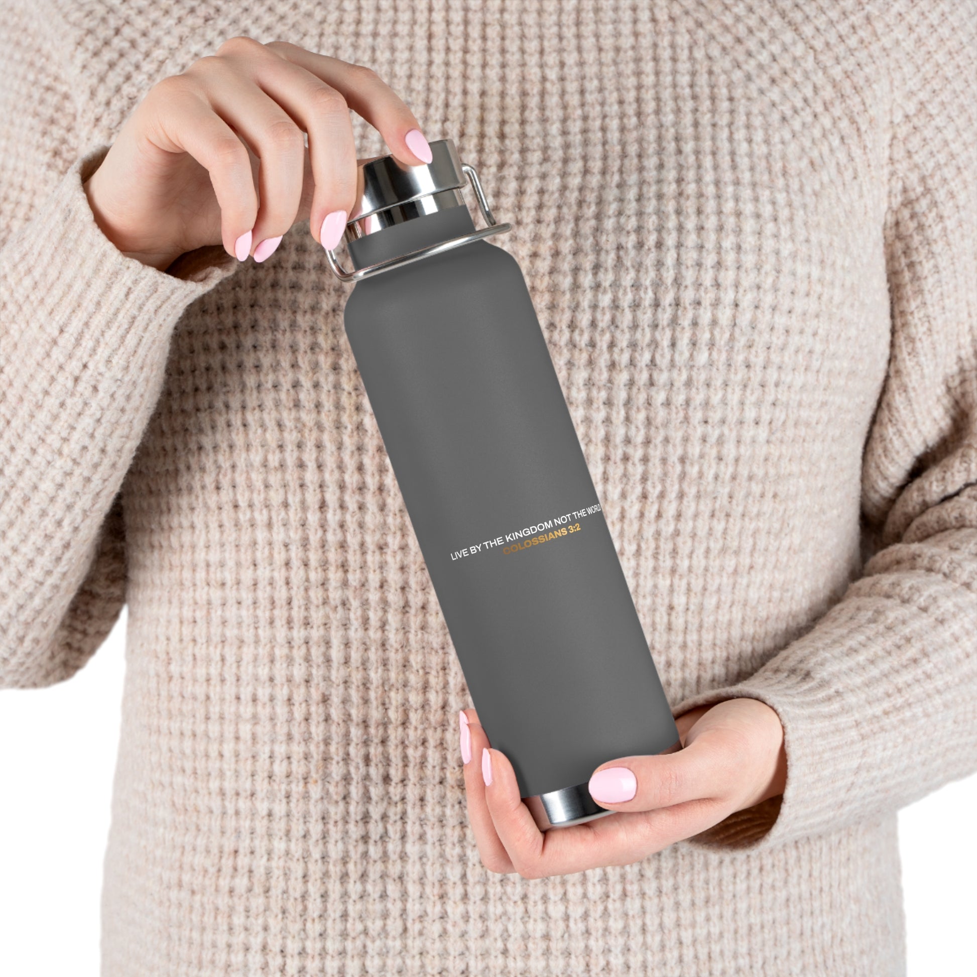 "Live By the Kingdom Not the World Colossians 3:2" Unisex Inspirational Copper Vacuum Insulated Bottle - 22oz - The Shield of Light