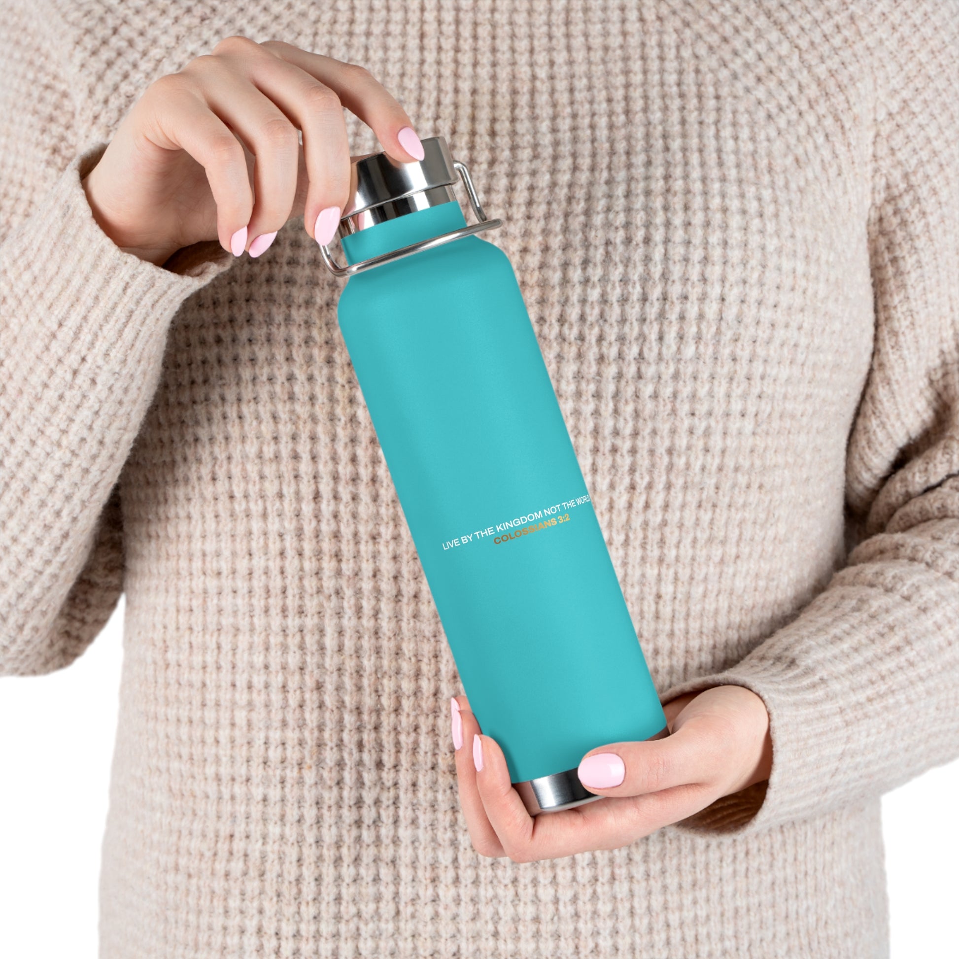 "Live By the Kingdom Not the World Colossians 3:2" Unisex Inspirational Copper Vacuum Insulated Bottle - 22oz - The Shield of Light