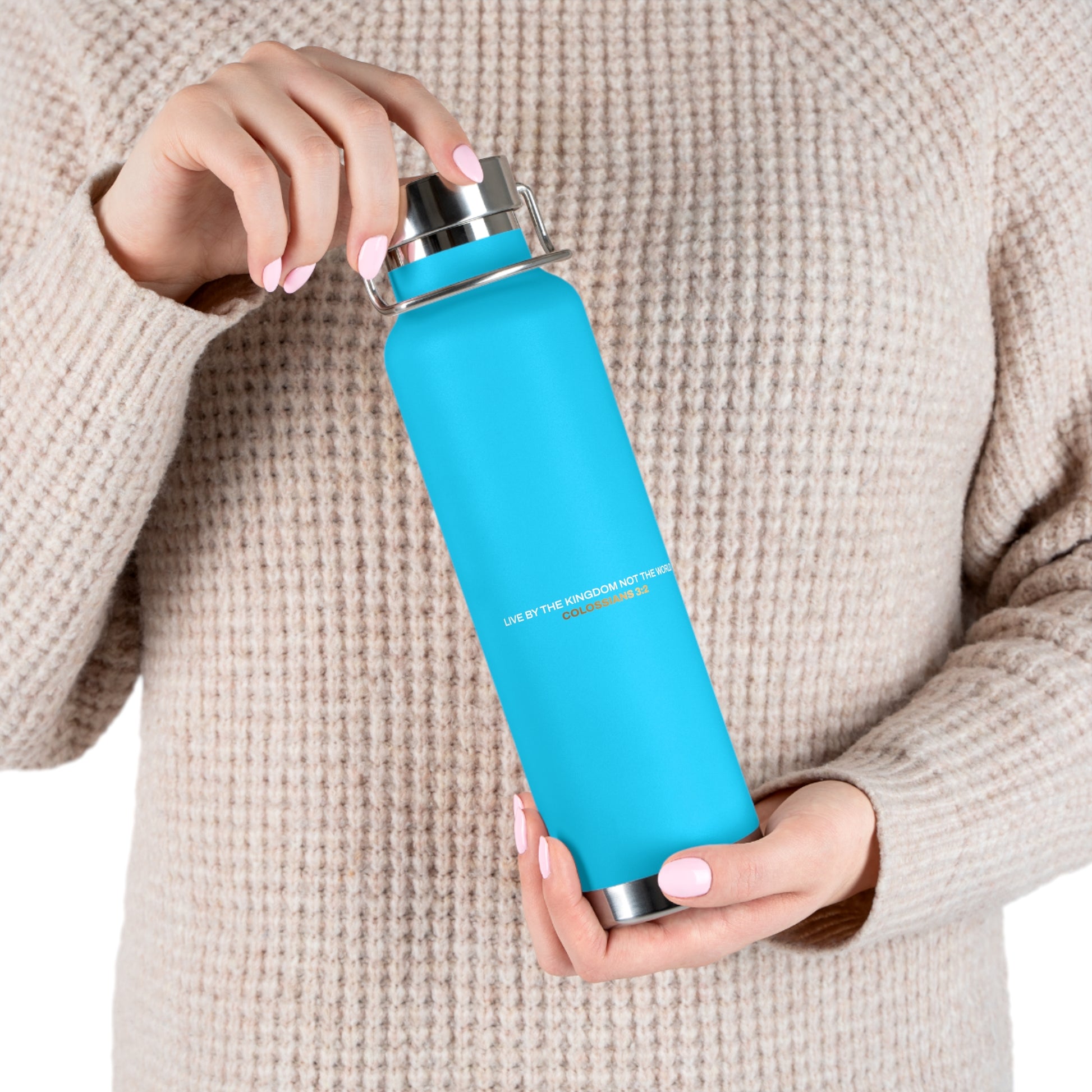 "Live By the Kingdom Not the World Colossians 3:2" Unisex Inspirational Copper Vacuum Insulated Bottle - 22oz - The Shield of Light