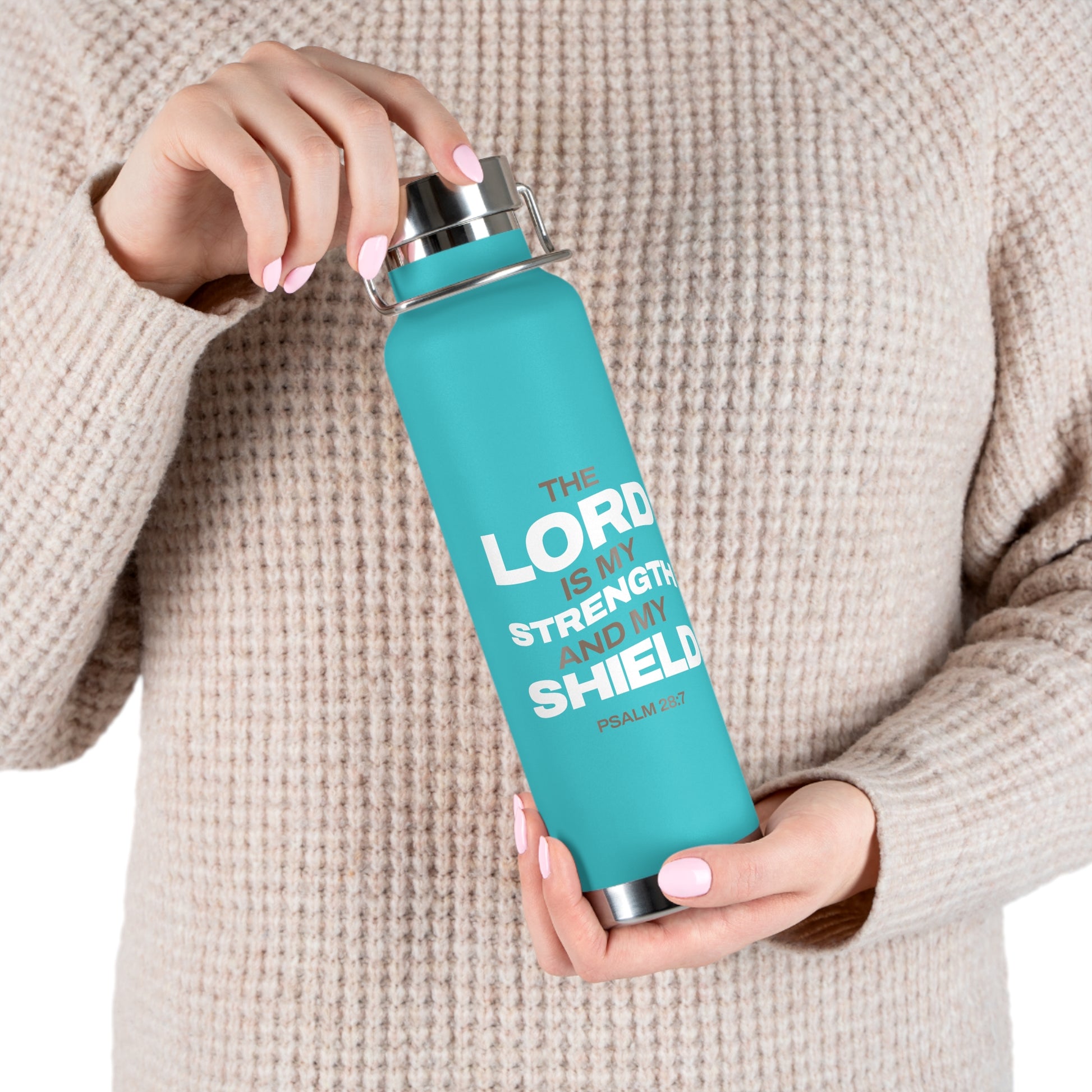 "The Lord Is My Strength and My Shield Psalm 28:7"  Unisex Inspirational Copper Vacuum Insulated Bottle - 22oz - The Shield of Light