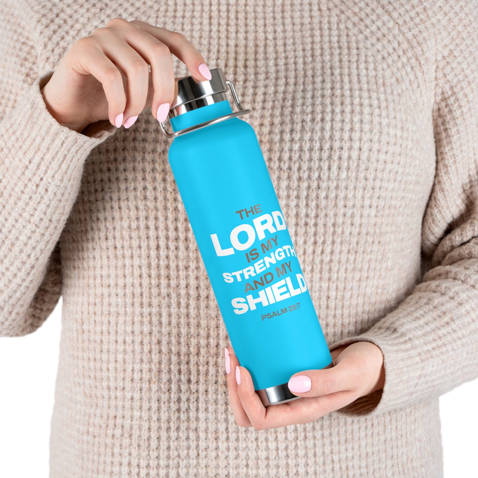 "The Lord Is My Strength and My Shield Psalm 28:7"  Unisex Inspirational Copper Vacuum Insulated Bottle - 22oz - The Shield of Light