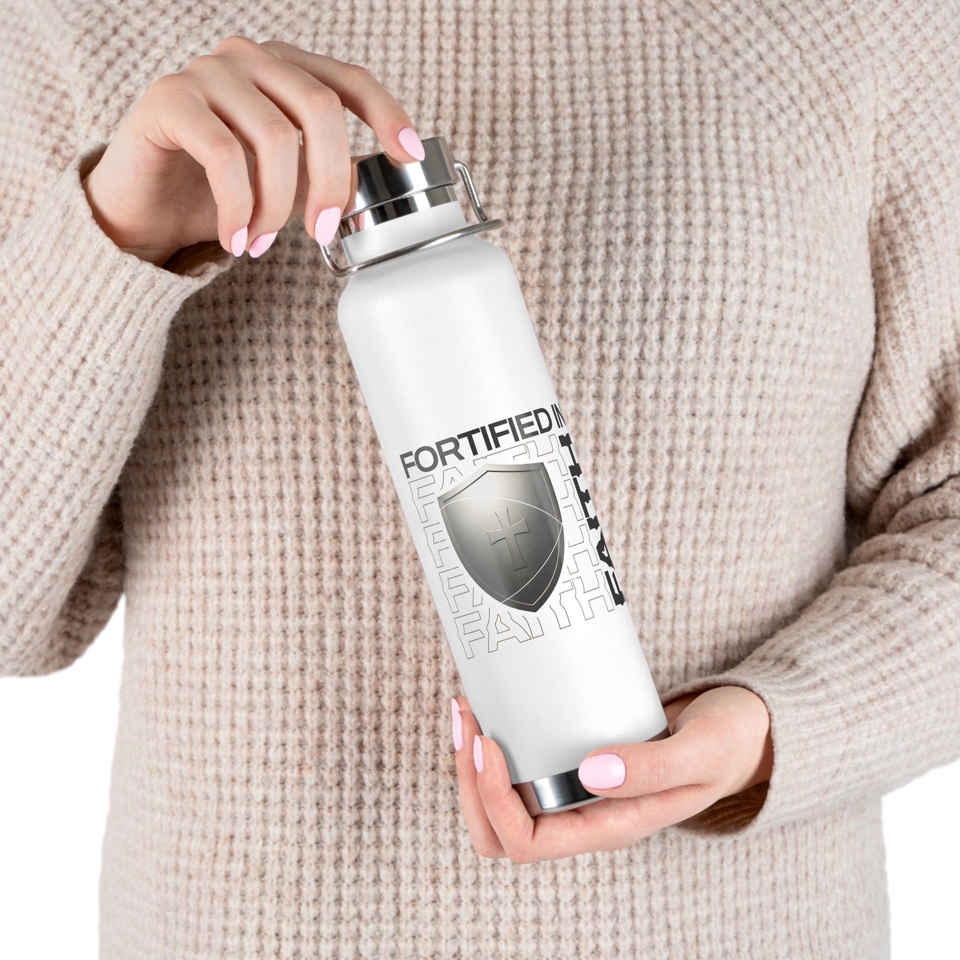 "Fortified In Faith " Unisex Inspirational Copper Vacuum Insulated Bottle - 22oz - The Shield of Light