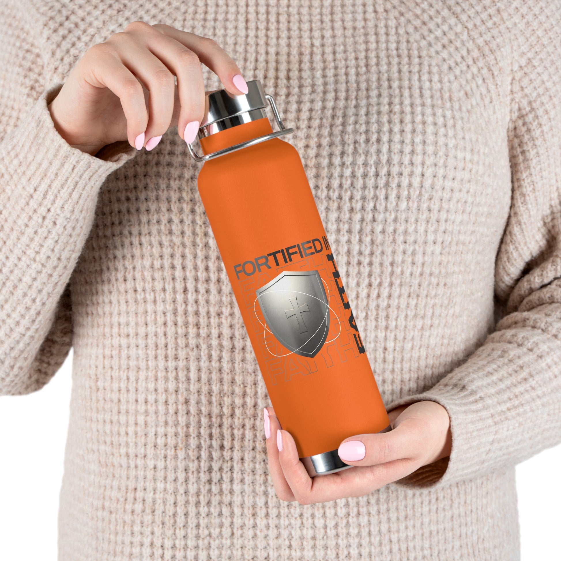 "Fortified In Faith " Unisex Inspirational Copper Vacuum Insulated Bottle - 22oz - The Shield of Light