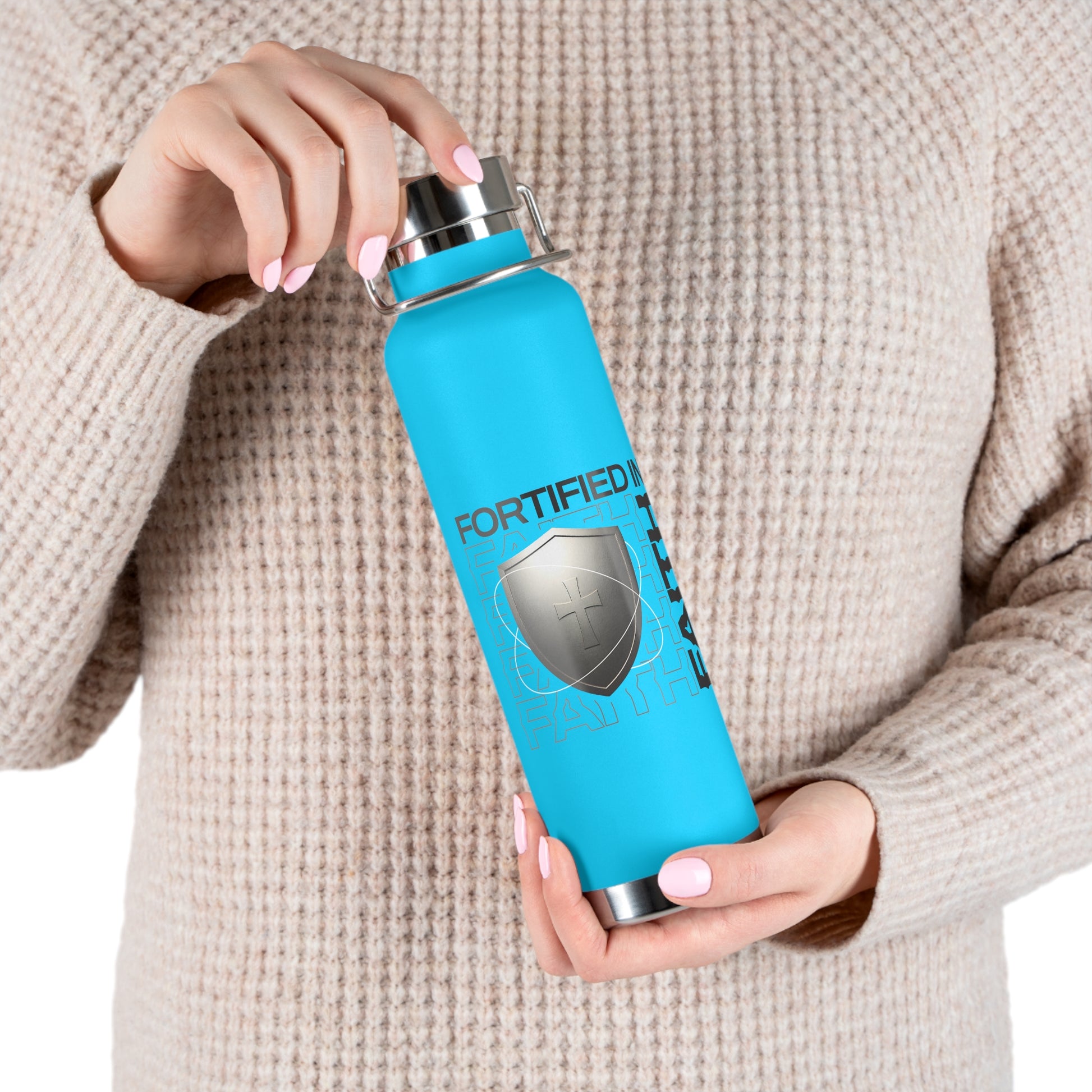 "Fortified In Faith " Unisex Inspirational Copper Vacuum Insulated Bottle - 22oz - The Shield of Light