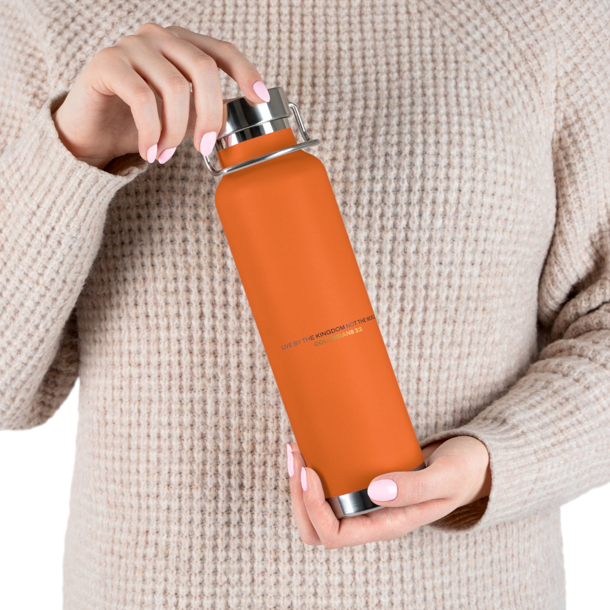 "Live By the Kingdom Not the World Colossians 3:2" Unisex Inspirational Copper Vacuum Insulated Bottle - 22oz - The Shield of Light