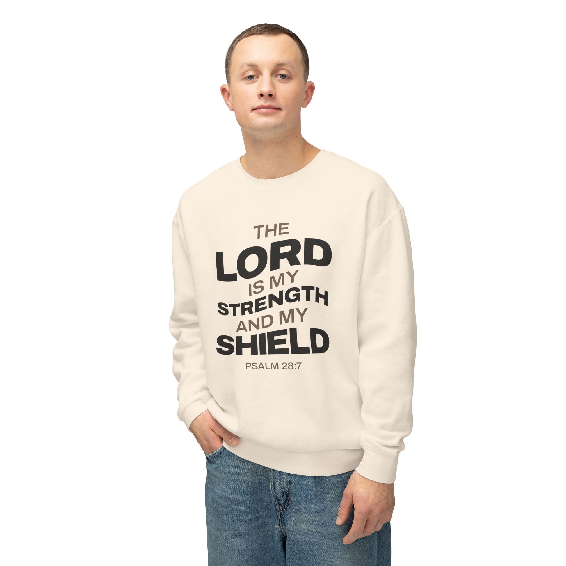 "The Lord Is My Strength and My Shield Psalm 28:7" Unisex Lightweight Crewneck Sweatshirt - The Shield of Light
