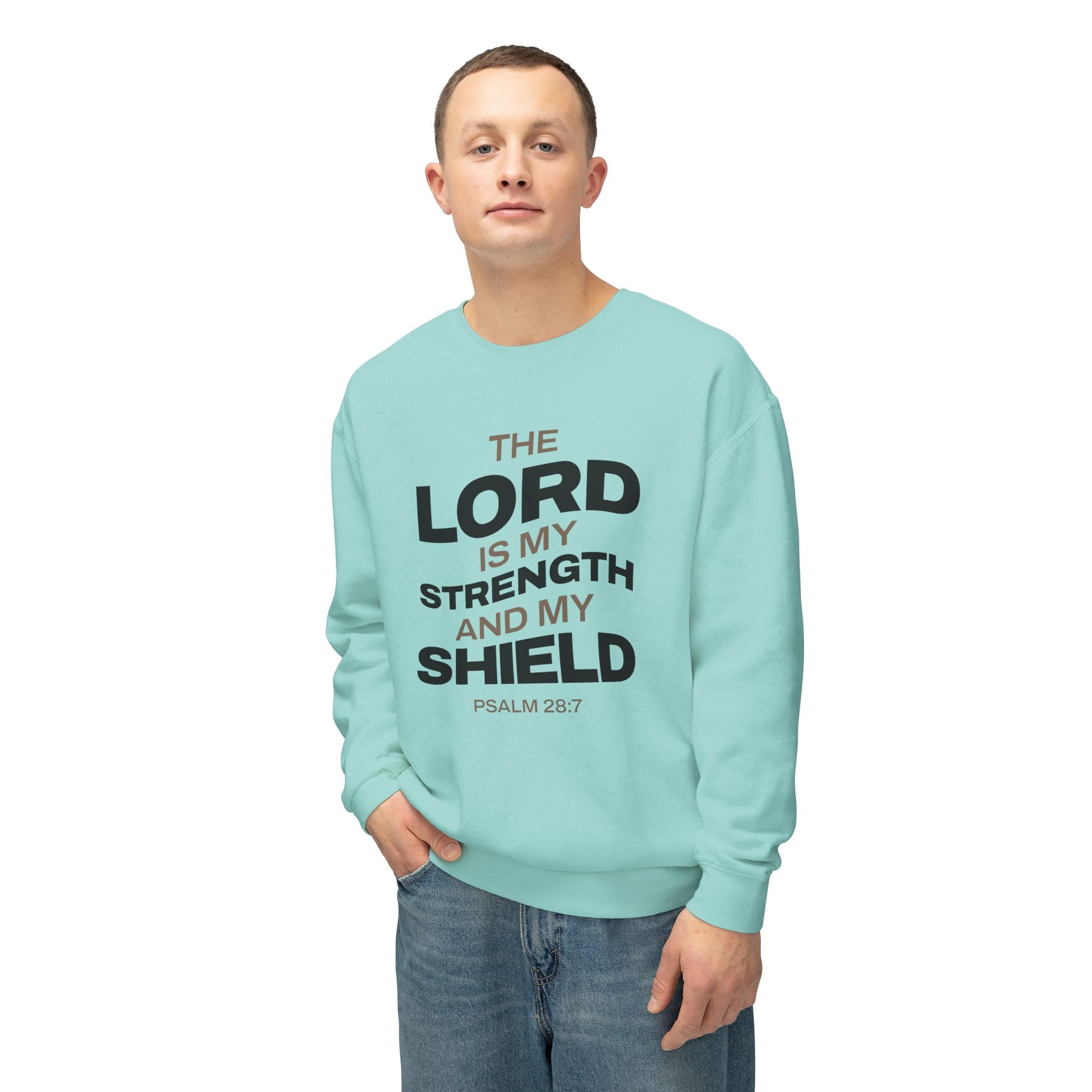 "The Lord Is My Strength and My Shield Psalm 28:7" Unisex Lightweight Crewneck Sweatshirt - The Shield of Light