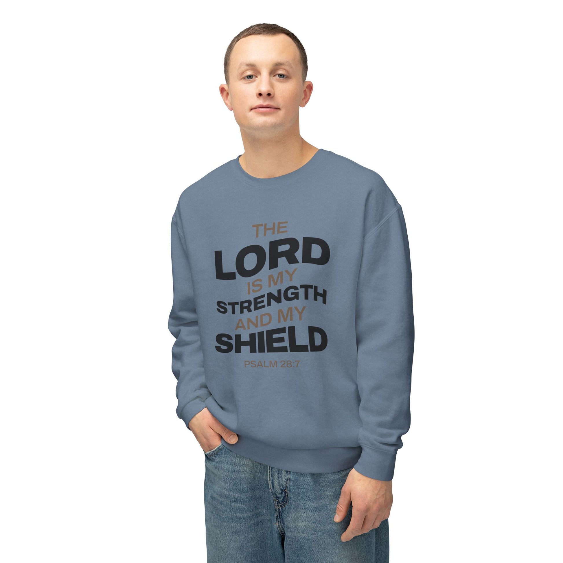 "The Lord Is My Strength and My Shield Psalm 28:7" Unisex Lightweight Crewneck Sweatshirt - The Shield of Light