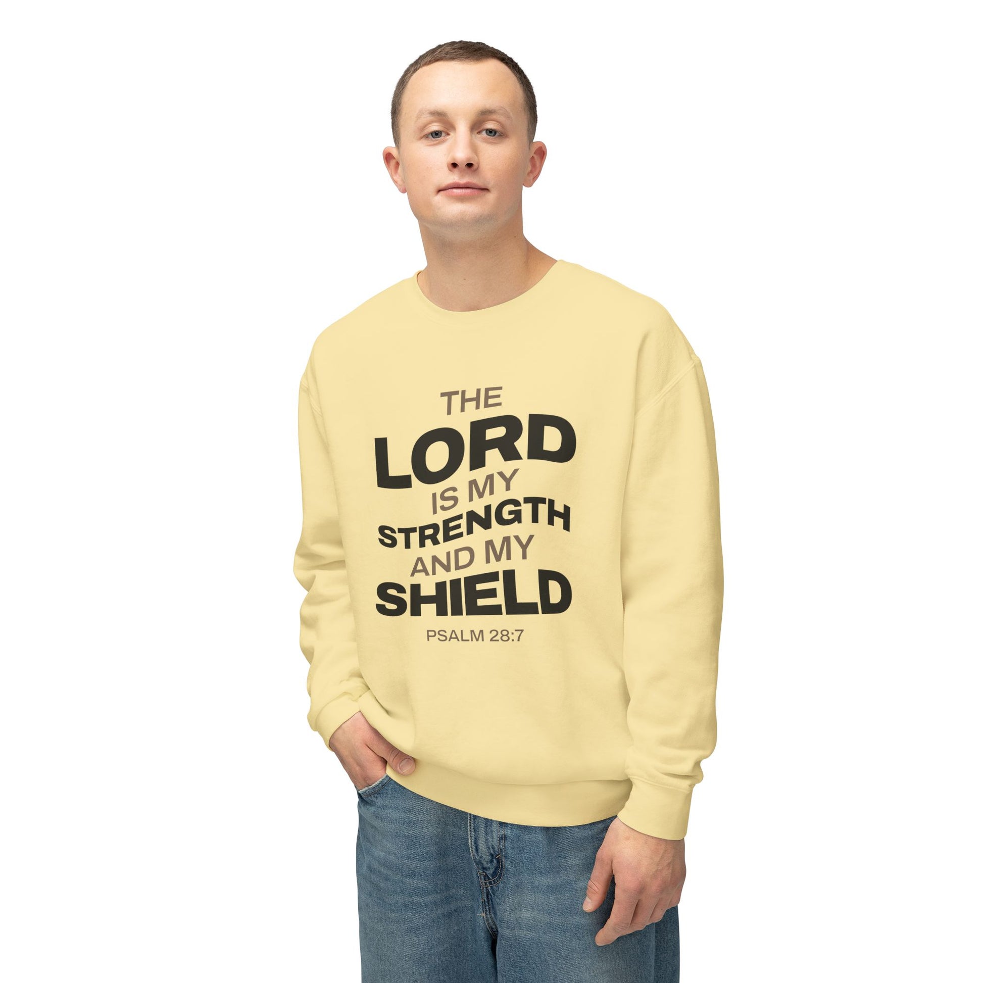 "The Lord Is My Strength and My Shield Psalm 28:7" Unisex Lightweight Crewneck Sweatshirt - The Shield of Light