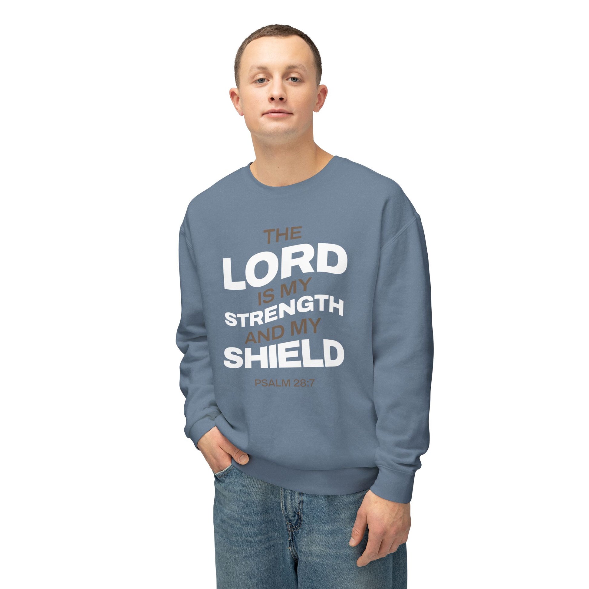 "The Lord Is My Strength and My Shield Psalm 28:7" Unisex Lightweight Crewneck Sweatshirt - The Shield of Light