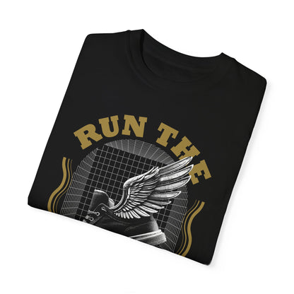 Black "Run The Race" unisex garment-dyed T-shirt by Printify, showcasing a casual fit and comfortable fabric.