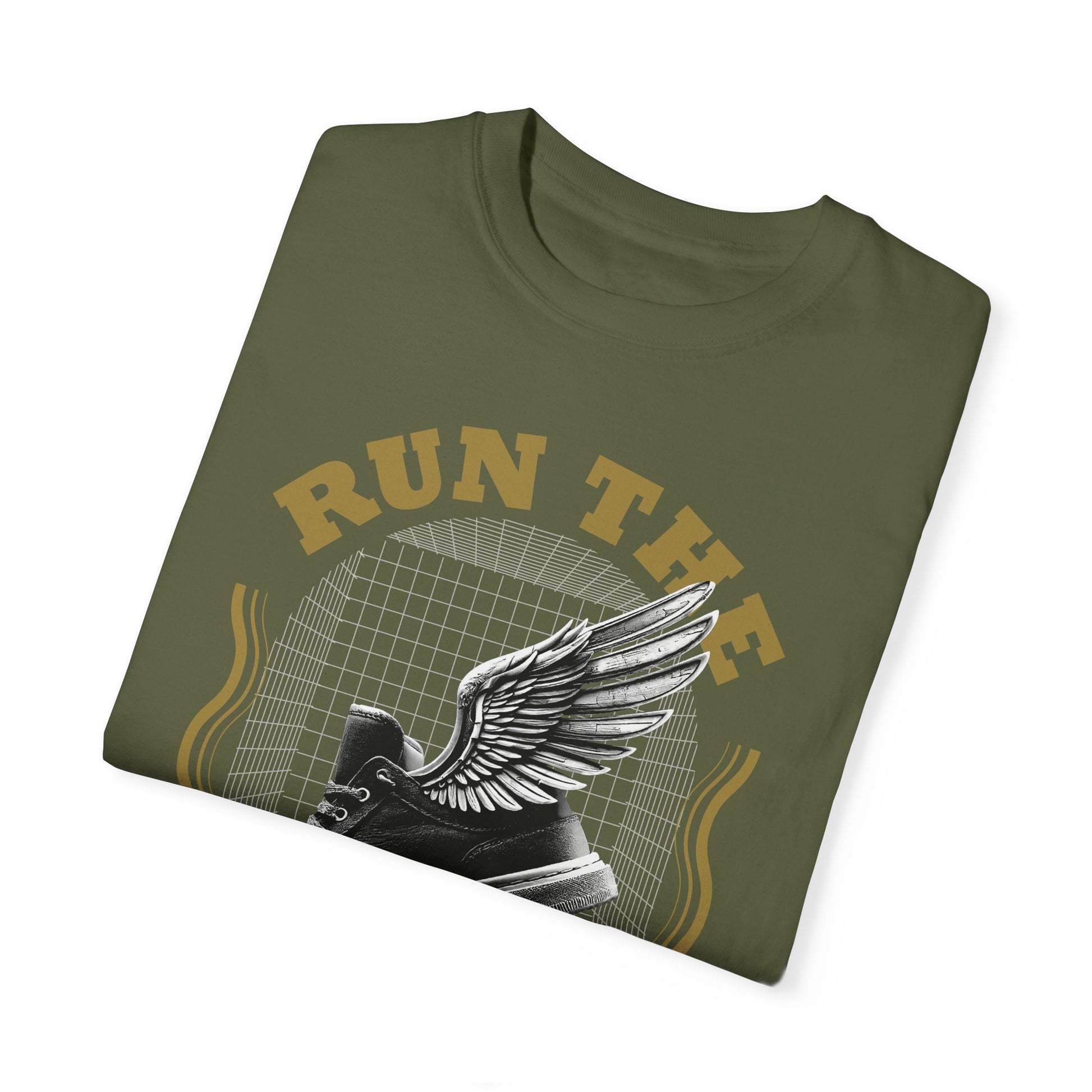 Black "Run The Race" unisex garment-dyed T-shirt by Printify, shown laid flat with text design visible