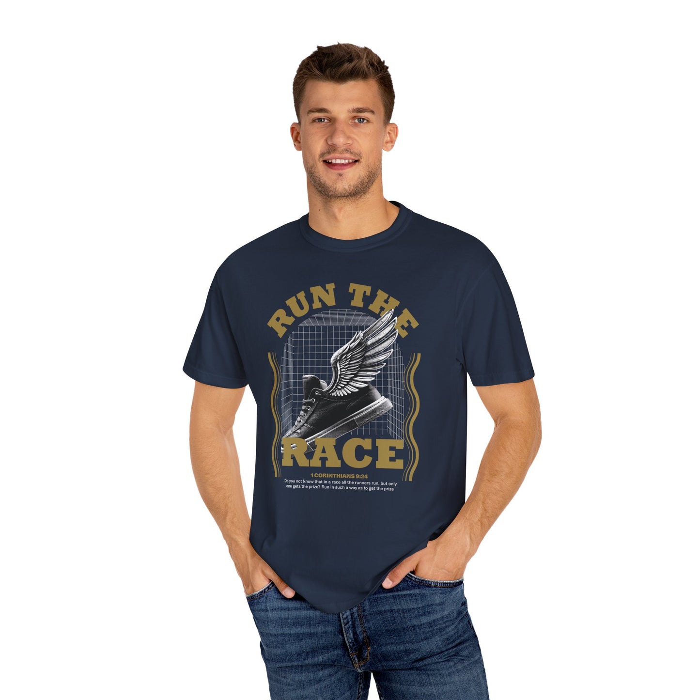 Black unisex "Run The Race" garment-dyed T-shirt by Printify featuring bold printed design on front.