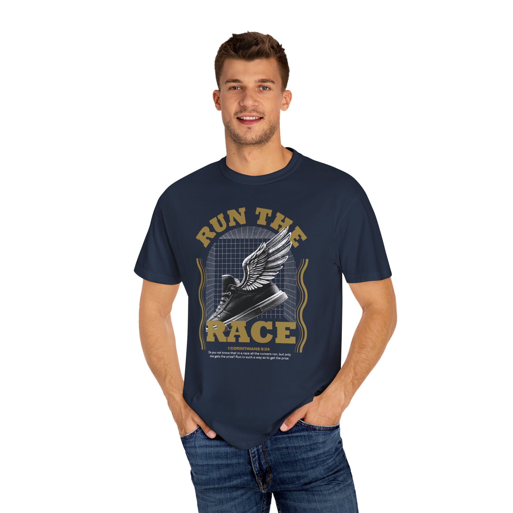 Black unisex "Run The Race" garment-dyed T-shirt by Printify featuring bold printed design on front.