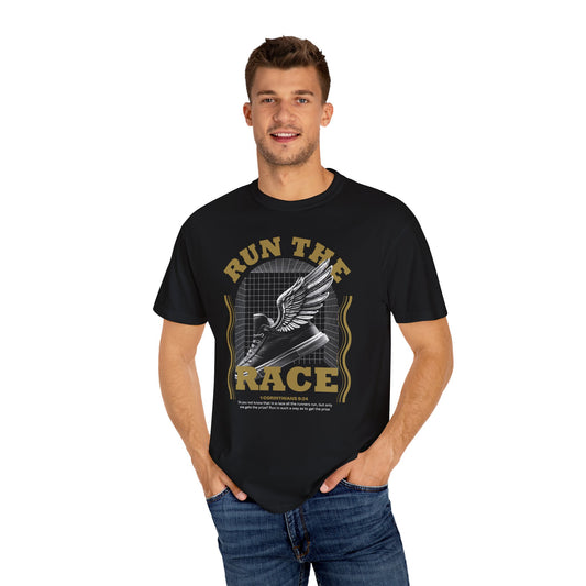 "Run The Race" Unisex Garment-Dyed T-Shirt - The Shield of Light