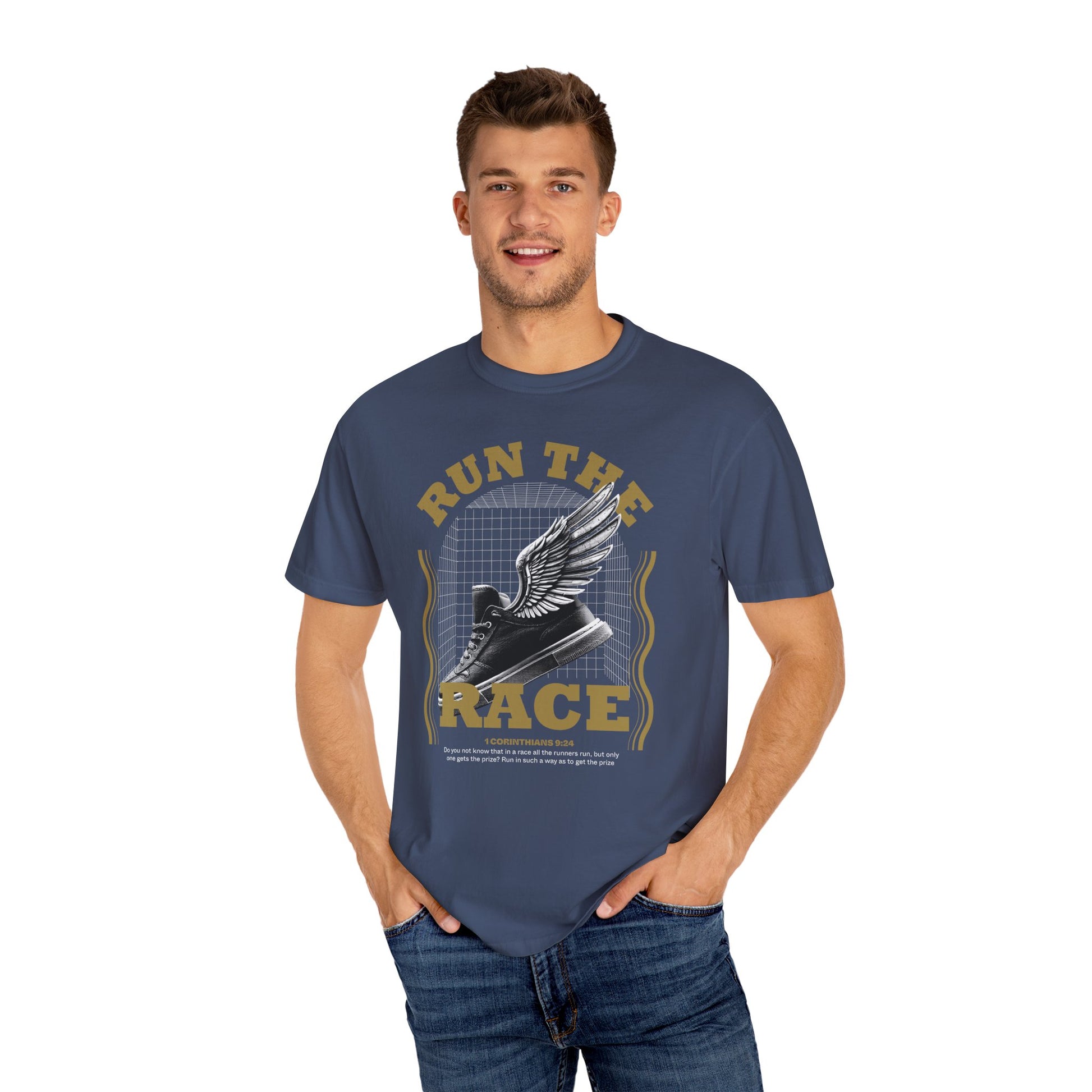 "Run The Race" Unisex Garment-Dyed T-Shirt - The Shield of Light