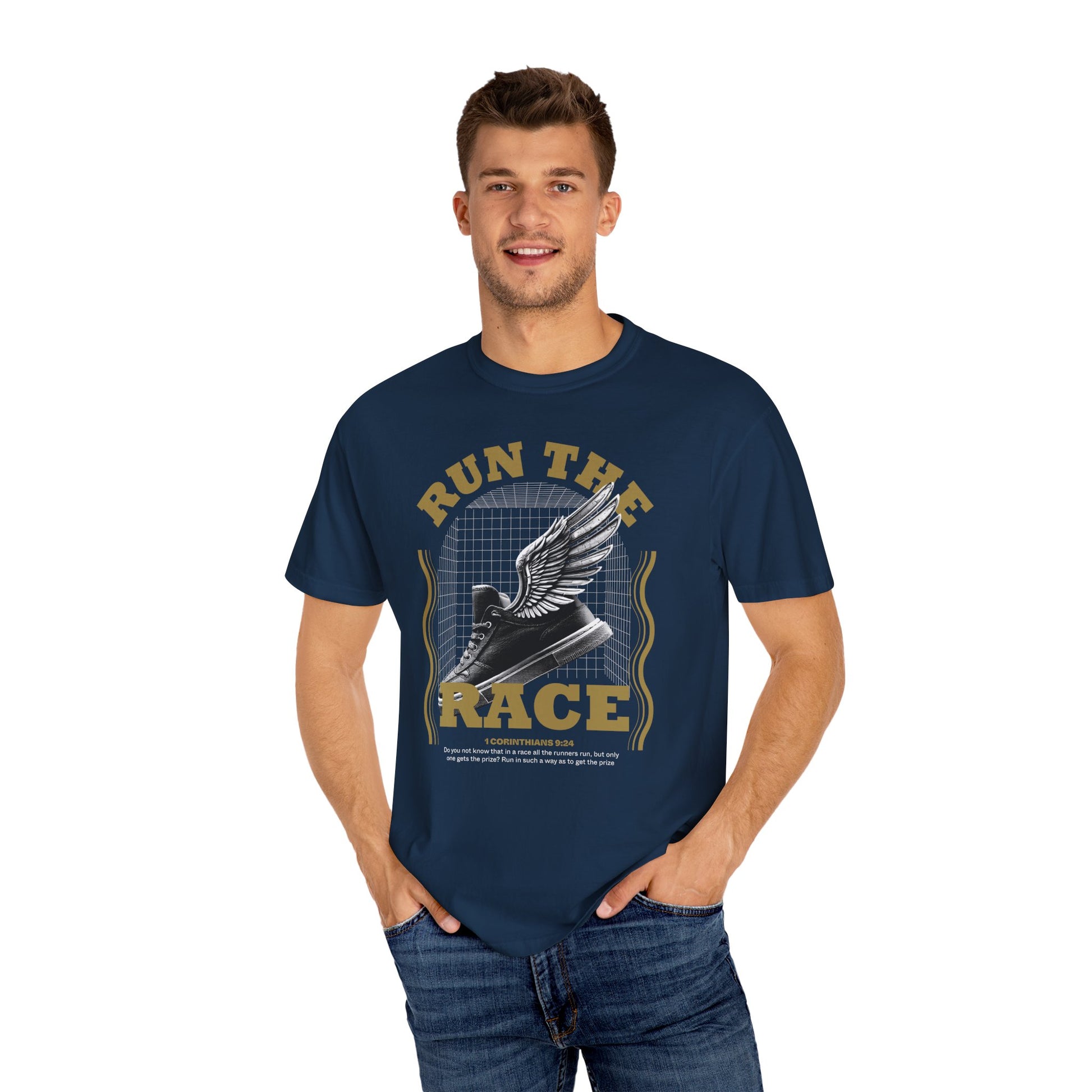 "Run The Race" Unisex Garment-Dyed T-Shirt - The Shield of Light