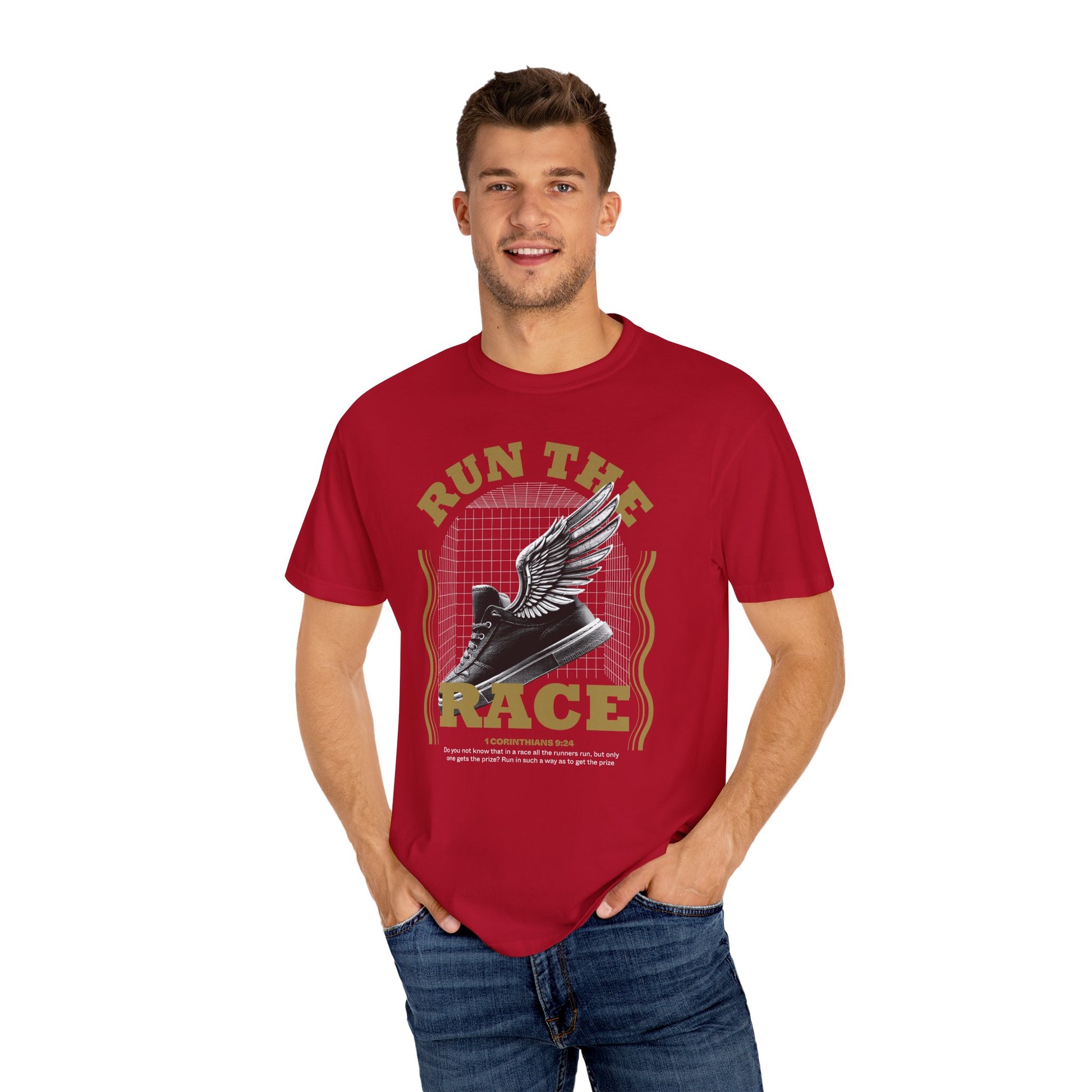 "Run The Race" Unisex Garment-Dyed T-Shirt - The Shield of Light