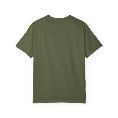 Red unisex garment-dyed T-shirt from Printify with "Run The Race" slogan, casual fit, soft fabric, ideal for everyday wear.