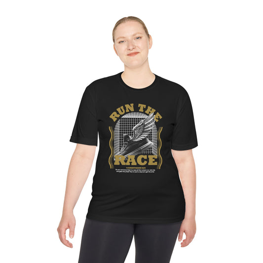 "Run The Race "   Unisex Moisture Wicking Tee - The Shield of Light
